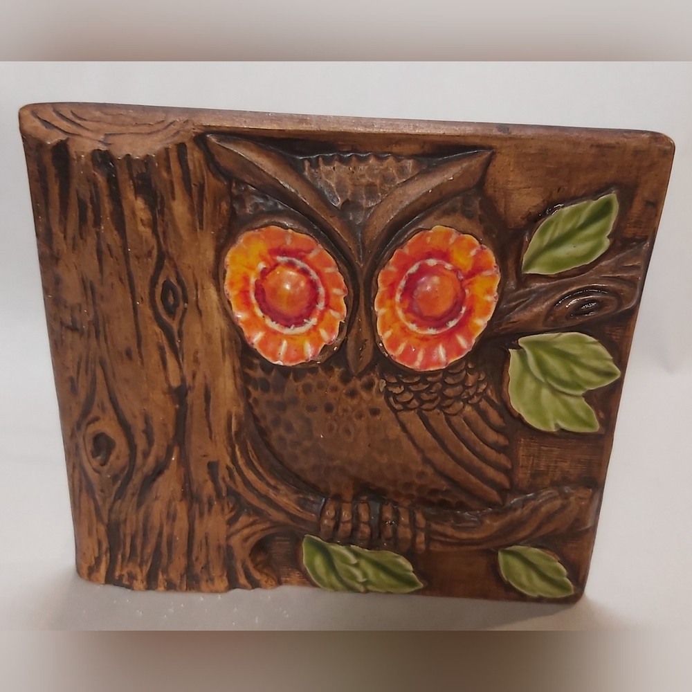 1970s Treasure Craft owl napkin/letter holder